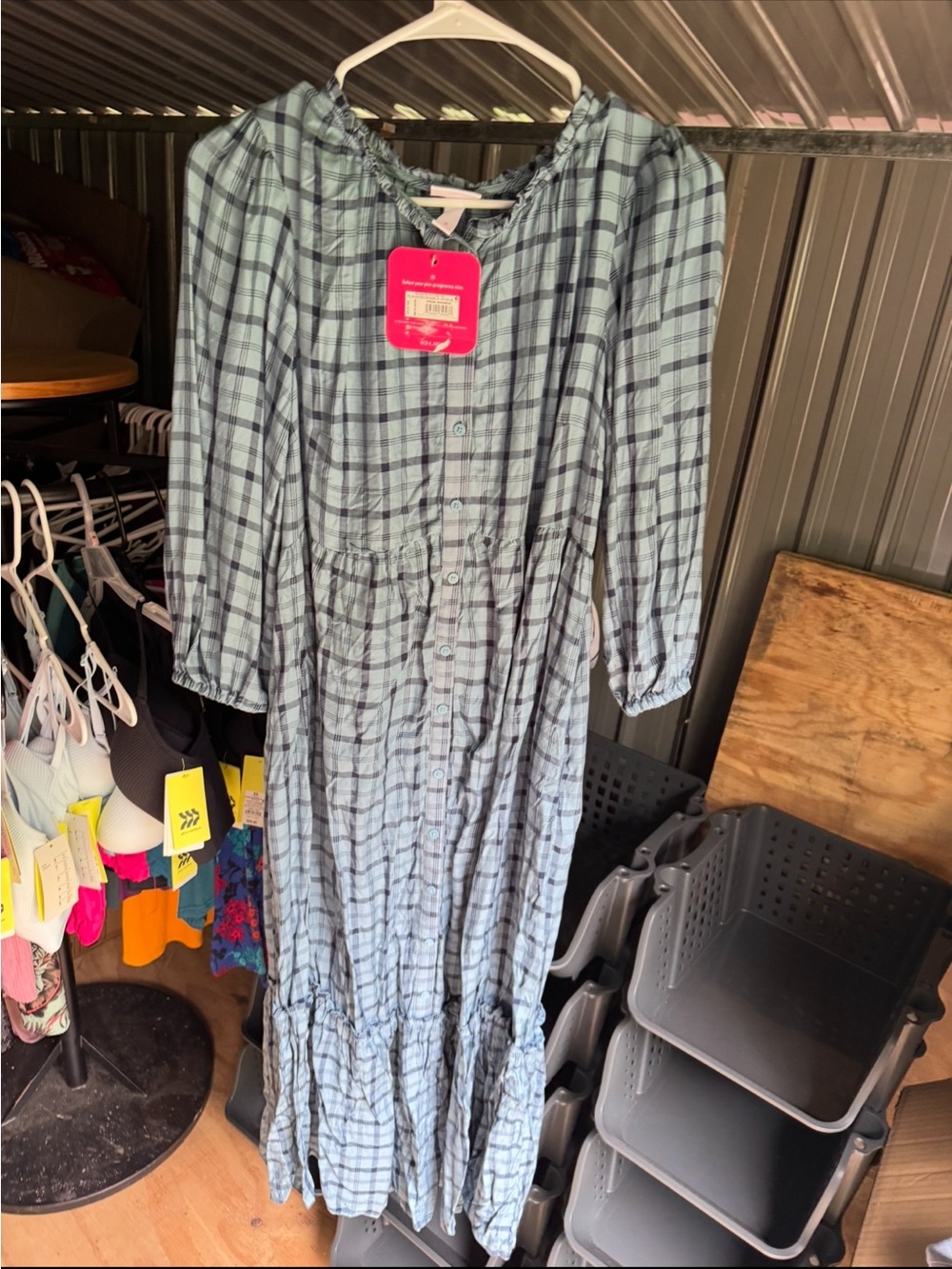 Light Blue Plaid Button-Front Maturity Dress